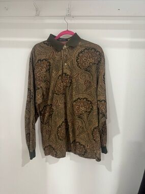 Men's vintage Tommy Hilfiger Long-Sleeve Paisley Polo Shirt in Olive and Brown